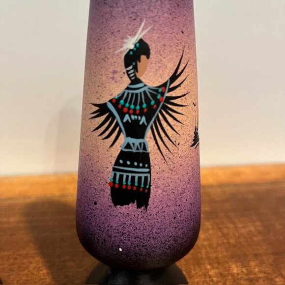 Pair of Navajo Native American Purple Hand Painted Bud Vases Signed - Picture 6 of 8